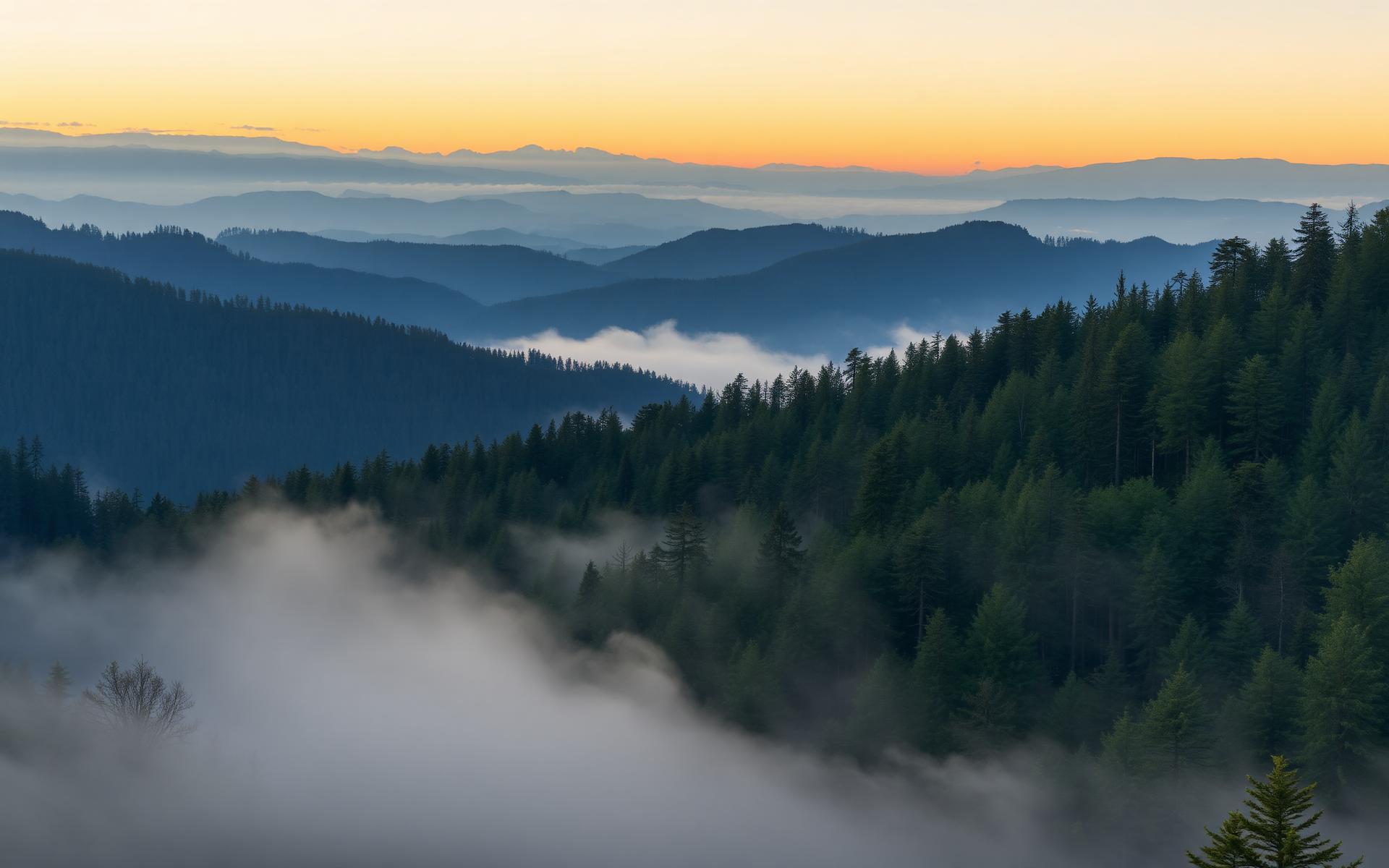 Misty mountain valley at dawn
